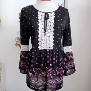 BOHO TOP,  M-L, LACE on BLACK PAISLEY PRINT LONG BLOUSE w BELL SLEEVES
